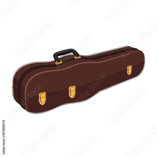 Brown instrument case with black handle and gold clasps, on white