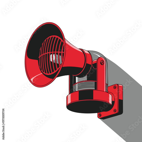 Red alarm siren mounted on a wall with a long shadow cast