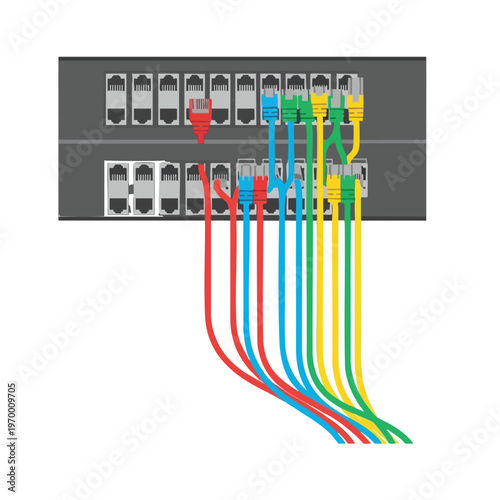 Network patch panel with multiple colored Ethernet cables connected