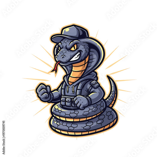 Cobra mascot wearing a cap and hoodie in a dynamic pose