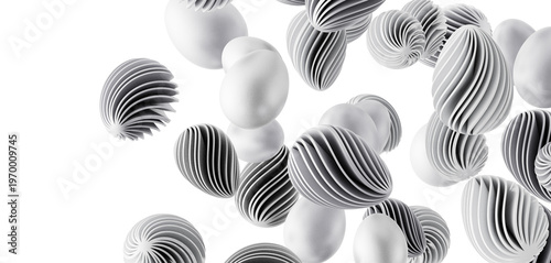 Abstract composition of floating, organically shaped forms in grayscale, suggesting movement, design and minim