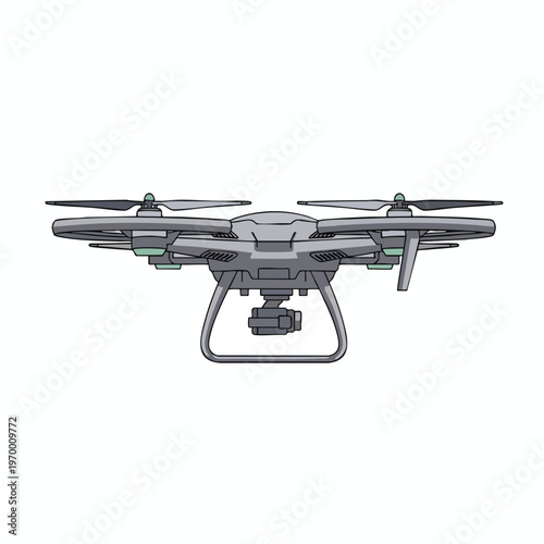 Gray quadcopter drone with camera gimbal and propellers