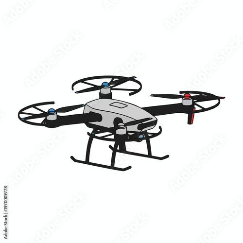 A white drone with four black rotors, black landing gear, and blue/red lights
