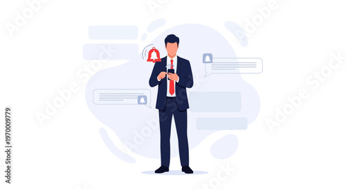 Businessman receiving notification on smartphone amidst abstract chat bubbles