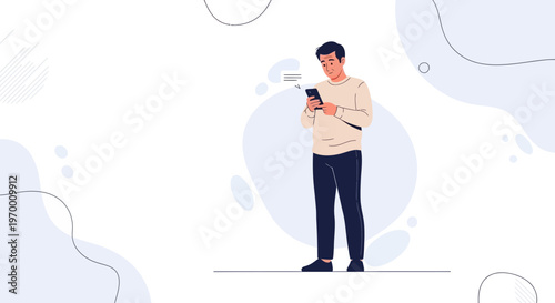 Man using smartphone, receiving message, modern abstract background, communication concept