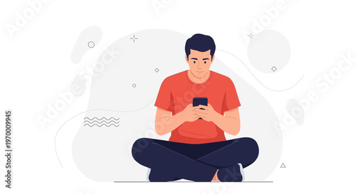 Young Man Sitting Cross-legged Using Smartphone, Modern Flat Illustration