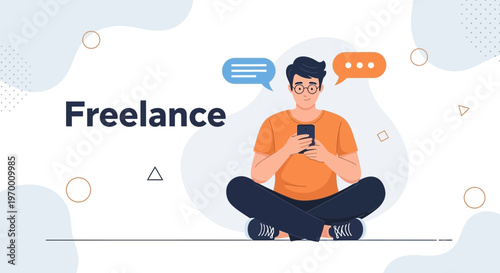 Freelance man sitting cross-legged, using smartphone, with chat bubbles