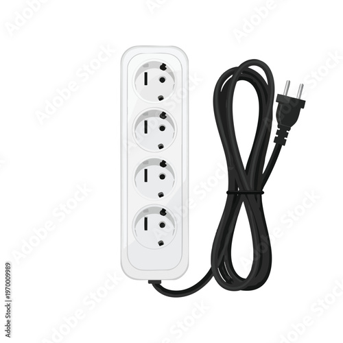 White power strip with four outlets and coiled black cord and plug