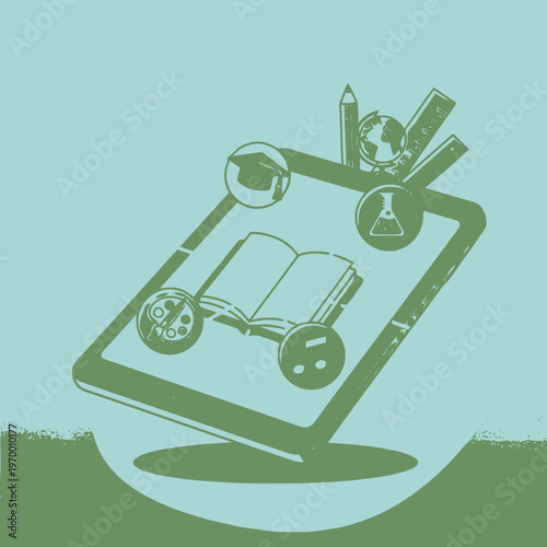 Dynamic digital learning ecosystem illustration showcasing a tablet device surrounded by diverse educational symbols for modern knowledge acquisition and academic growth across various subjects