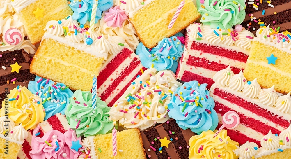 Fototapeta premium Colorful Assortment of Delicious Cake Slices and Cupcakes with Frosting and Sprinkles.