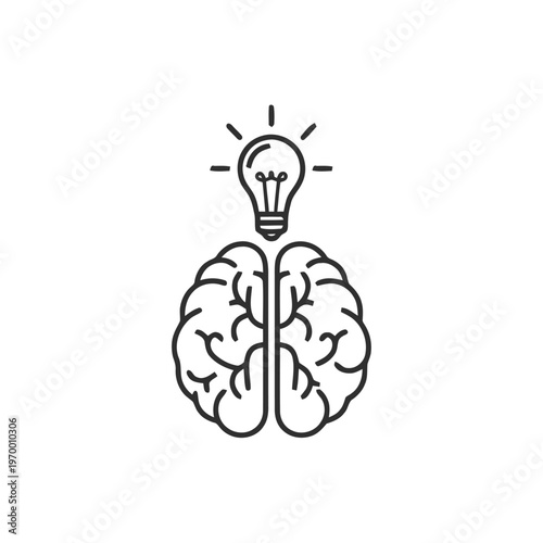 Line art icon of a brain with a glowing lightbulb, symbolizing the spark of a new idea, innovation, creativity, intelligence, and effective problem-solving insights for progress