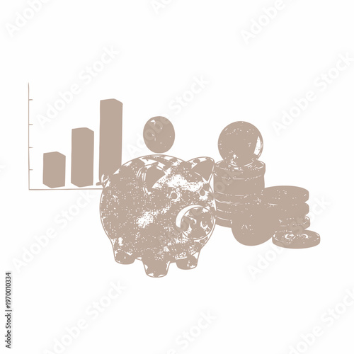 Distressed financial concept illustration with a piggy bank, coin stacks, and growth charts, representing economic development, savings, and investment strategies