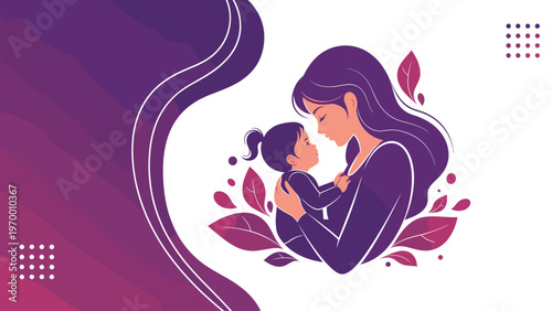 Artistic purple-toned illustration depicting a mother tenderly holding her baby girl surrounded by decorative autumn leaves.
