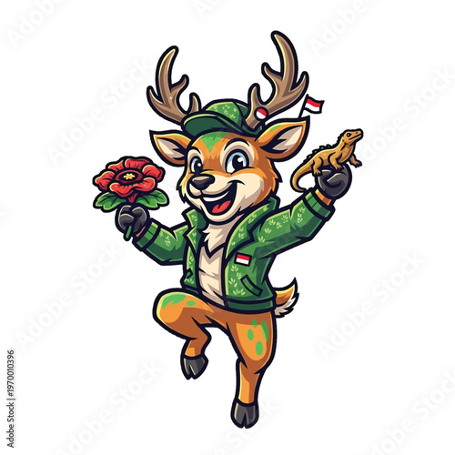 Cheerful Deer Mascot in Green Jacket with Flower and Lizard