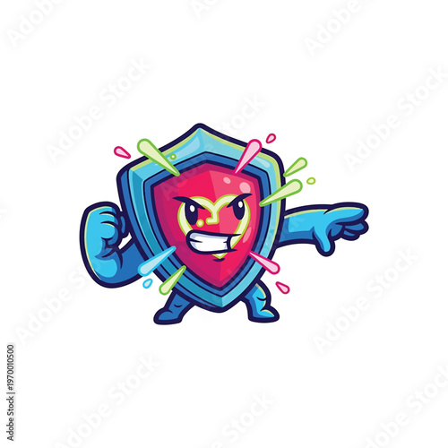 Hero Shield Character with Energetic Pose and Neon Accents