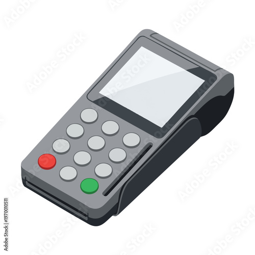 Portable payment terminal with a blank screen, numeric keypad, and colored buttons