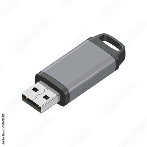 Gray metallic USB drive with black accents and a loop for attachment