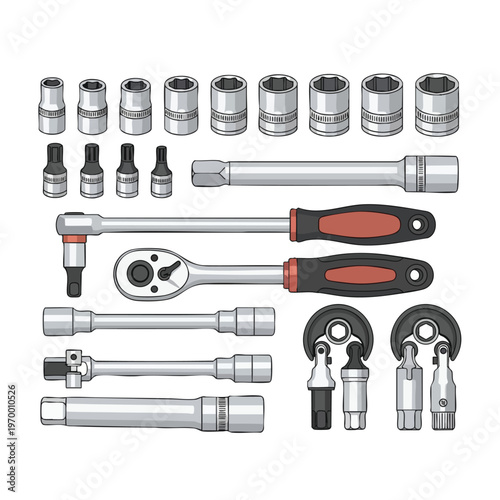 Assortment of chrome and black hand tools including sockets, ratchets, and drivers