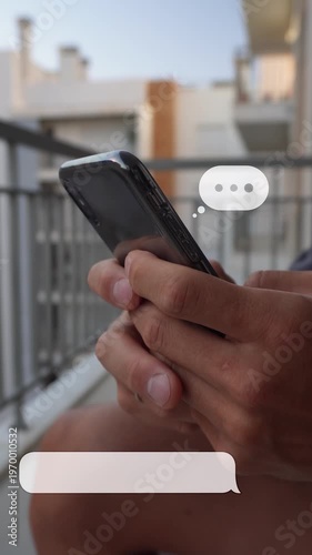 Typing on smartphone with animated chat bubbles overlay. Online messaging concept, close-up hands using mobile phone, social media communication. Vertical video with copy space 9:16.