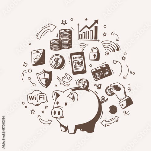 Financial planning and savings piggy bank with banking, investment, and security icons swirling around it