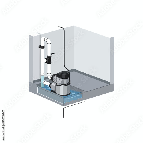 Submersible pump removing water from a pit with connected pipes, float switch, and outlet