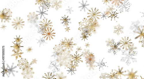 Abstract pattern of snowflakes in gold, silver, and white, perfect for holiday and winter designs.