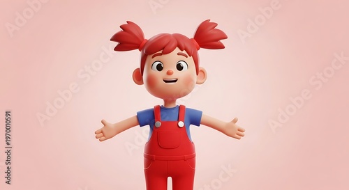 Cute 3D Cartoon Girl with Red Pigtails and Overalls Smiling.