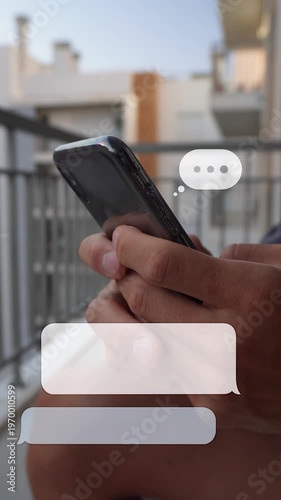 Typing on smartphone with animated chat bubbles overlay. Online messaging concept, close-up hands using mobile phone, social media communication. Vertical video with copy space 9:16.