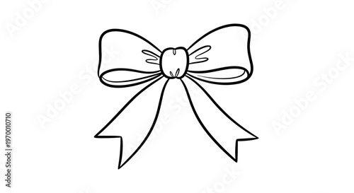 Elegant bow brooch illustration isolated on a crisp white background, featuring simple black outlines and classic ribbon design