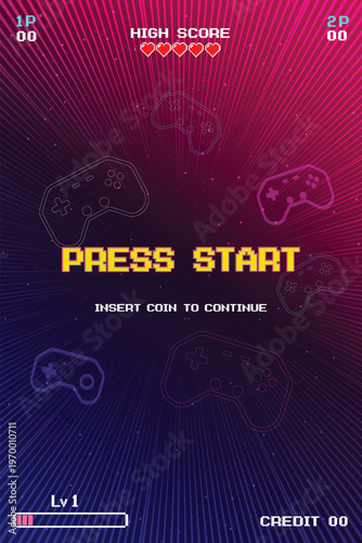 PRESS START. pixel art 8 bit. Retro Futurism Sci-Fi Background. glowing neon grid. and stars from vintage arcade computer games. Vertical Backgrounds