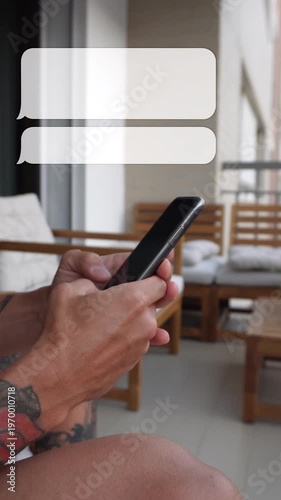 Typing on smartphone with animated chat bubbles overlay. Online messaging concept, close-up hands using mobile phone, social media communication. Vertical video with copy space 9:16.