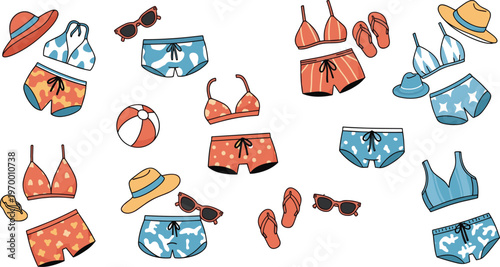 Summer beachwear set with swimwear sunglasses hats and flip flops colorful vacation fashion vector illustration isolated on white background