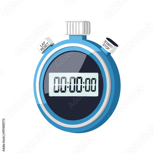 A blue digital stopwatch with a dark face displays 000000 and has two buttons
