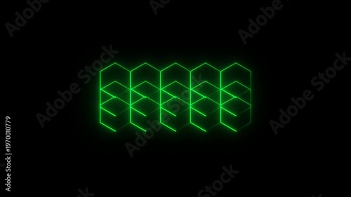 Futuristic neon green hexagonal grid animation isolated black background futuristic technology glowing hexagons