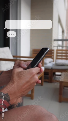 Typing on smartphone with animated chat bubbles overlay. Online messaging concept, close-up hands using mobile phone, social media communication. Vertical video with copy space 9:16.