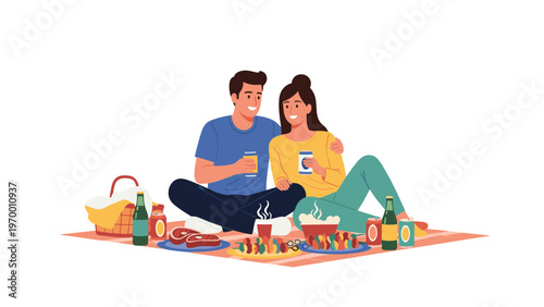 Cheerful outdoor picnic illustration of a young couple sitting on a plaid blanket and enjoying drinks and grilled food.