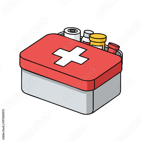 Red and grey first aid kit with bandages, bottles, and jars
