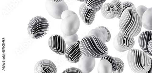 Abstract monochrome composition featuring floating 3D egg shapes, perfect for modern design and backgrounds.