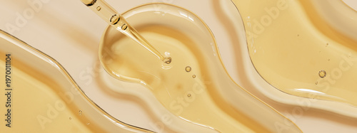 Billede på lærred Transparent cosmetic liquid gel drop from dropper on beige background 3d renderi