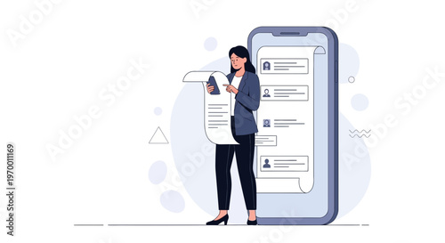 Woman reviews resumes on smartphone screen, online recruitment concept