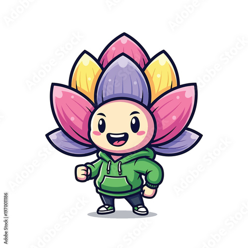 Cute cartoon character with colorful flower head and green hoodie