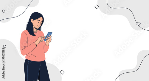 Woman Using Smartphone, Minimalist Design, Social Media Connection, Online Communication