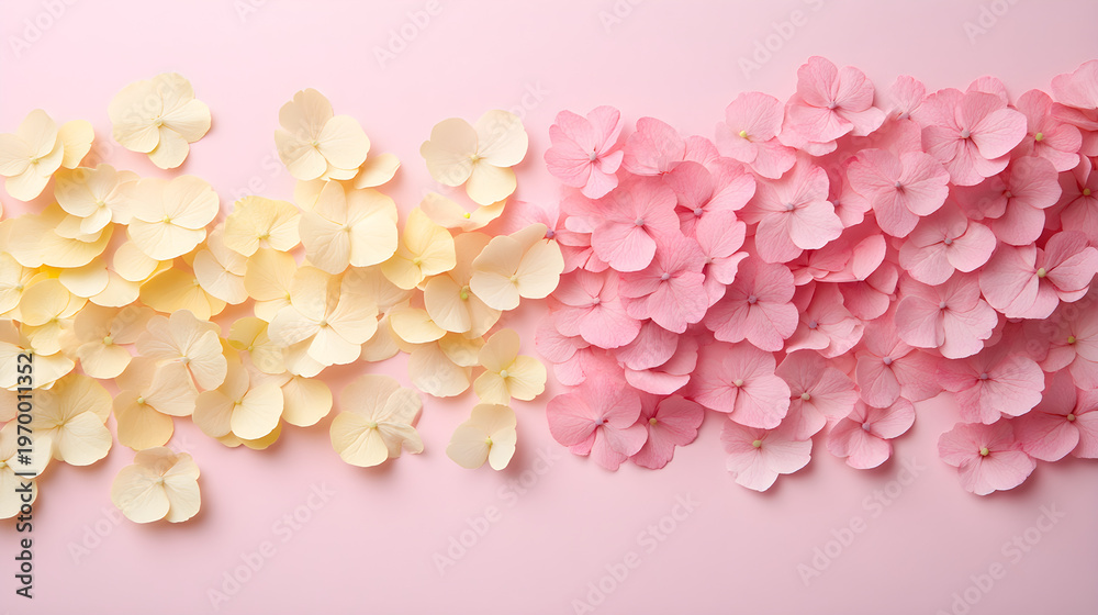 Obraz premium Delicate pink and yellow hydrangea flowers arranged beautifully on a soft pastel background for spring celebrations.
