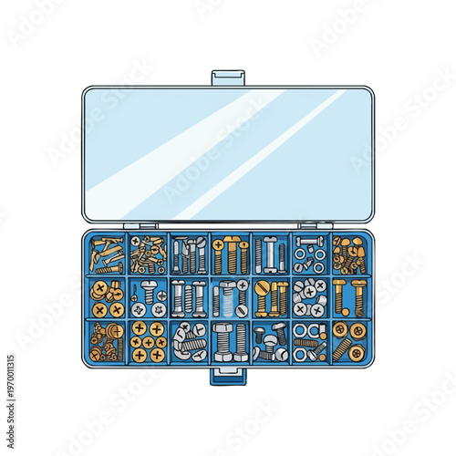 Open blue organizer with multiple compartments filled with various screws, bolts, and washers