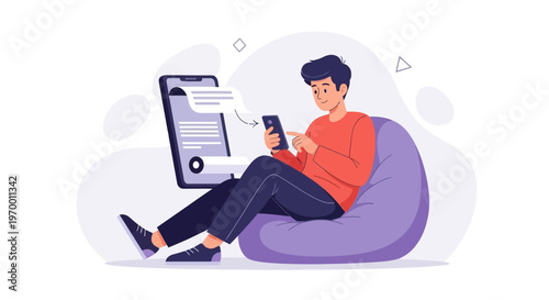Young Man Relaxing on Beanbag Chair Using Smartphone, Digital Communication Concept