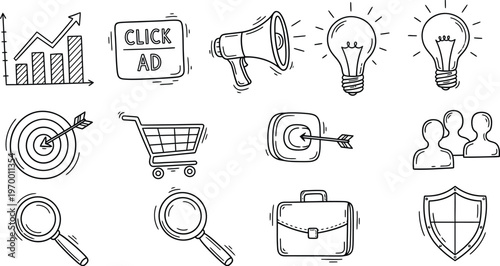 Collection of business and marketing related icons in a doodle sketch style, representing growth, advertising, and customer engagement strategies