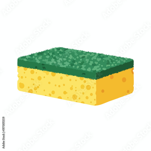 Rectangle sponge with a yellow porous body and a green scrubbing top