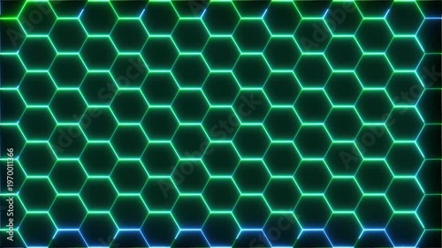 Futuristic green hexagonal grid pattern loop animation with neon glowing lines futuristic background