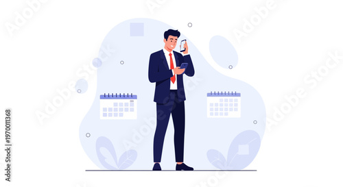 Businessman talking on phone and checking schedule on tablet with calendars