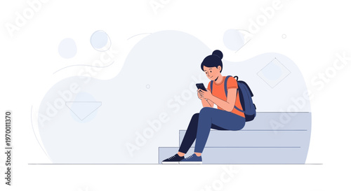 Young woman with backpack using smartphone while sitting on steps, illustration